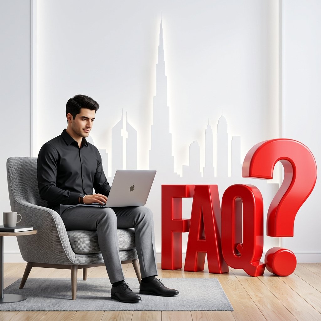 Young male professional sitting next to a large red 3D FAQ letters block and question mark