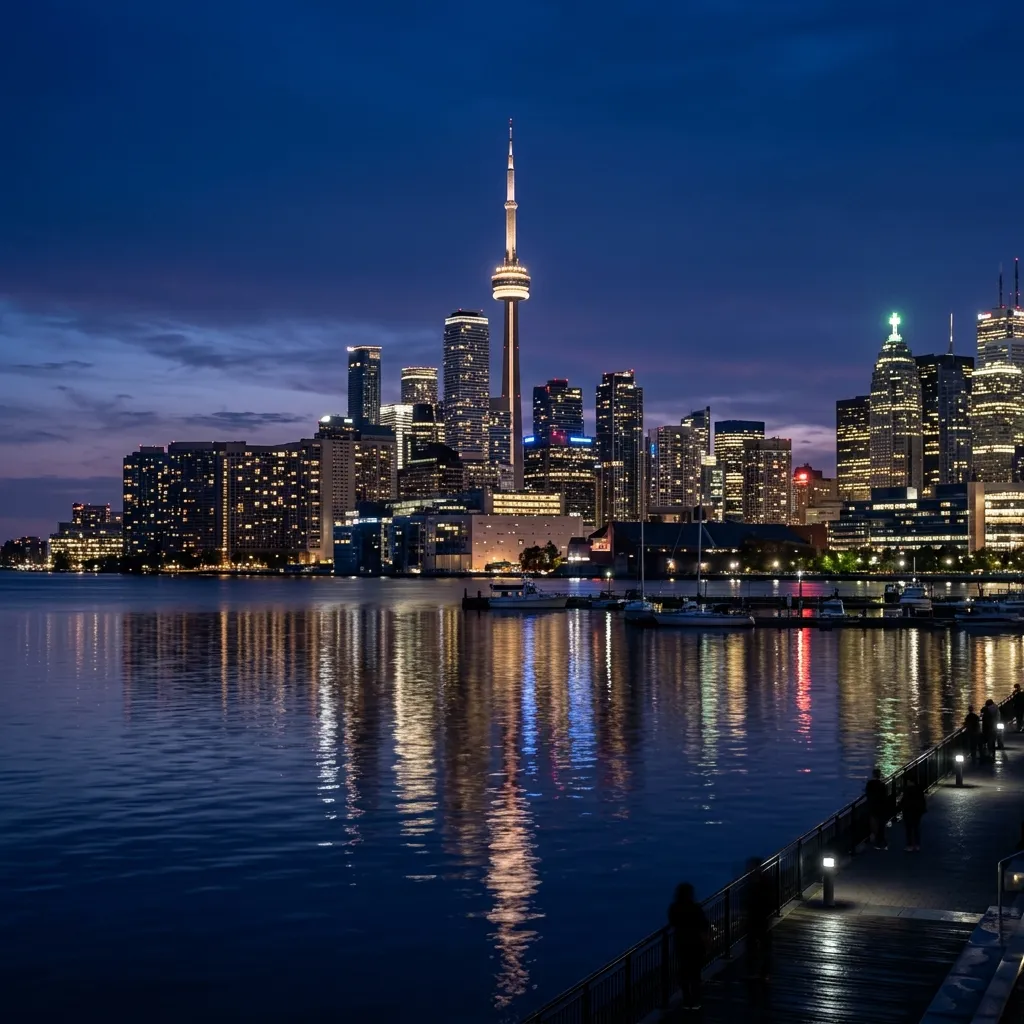The Toronto twilight skyline with the CN Tower glowing over Lake Ontario